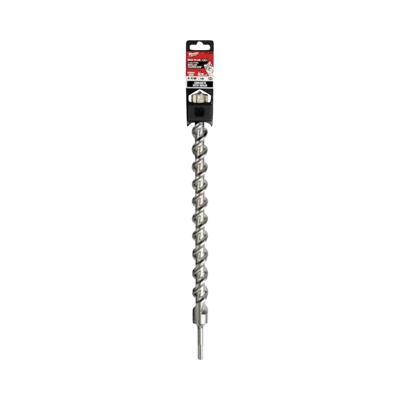 The Go Build 1-1/8 in. x 18 in. MX4 SDS-Plus Carbide Bit features a long, silver spiral and thick shank, ideal for heavy-duty concrete drilling with rebar using SDS-Plus rotary hammers. Packaged vertically with a black and red label.